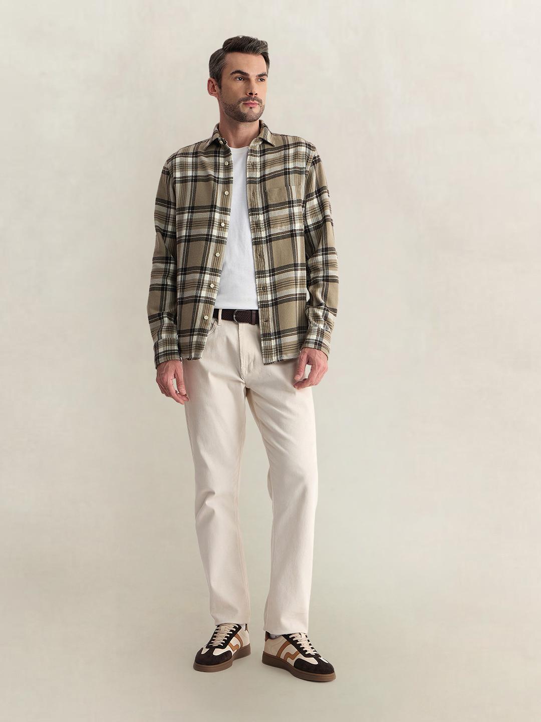 Gant Men Beige Regular Fit Flannel Check Pure Cotton Shirt