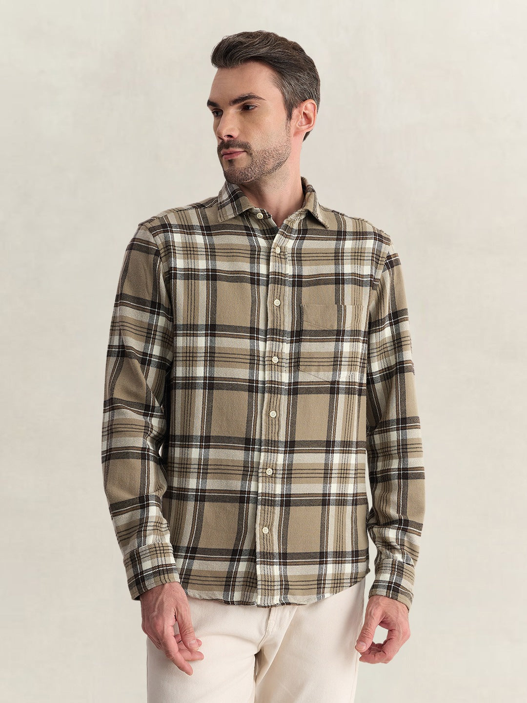 Gant Men Beige Regular Fit Flannel Check Pure Cotton Shirt