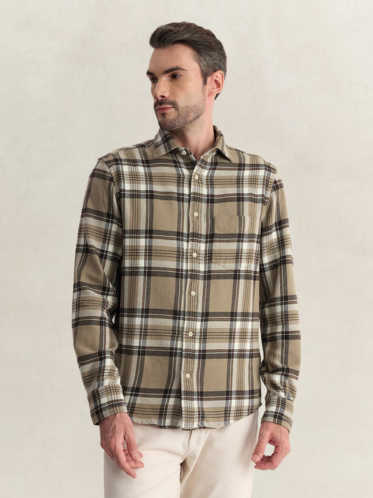 Gant Men Beige Regular Fit Flannel Check Pure Cotton Shirt