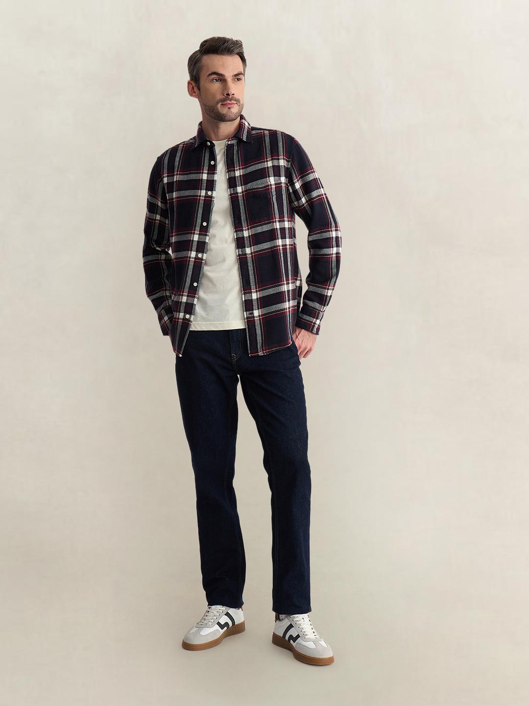 Gant Men Dark Blue Regular Fit Flannel Check Pure Cotton Shirt