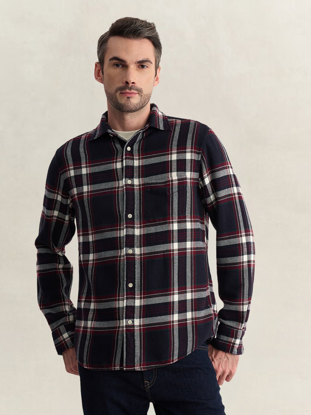 Gant Men Dark Blue Regular Fit Flannel Check Pure Cotton Shirt
