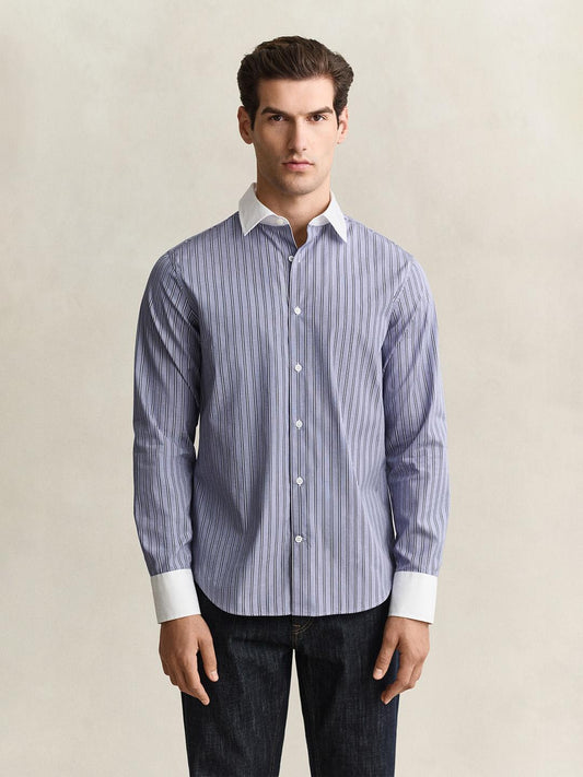 Gant Men Blue Striped Regular Fit Cotton Shirt