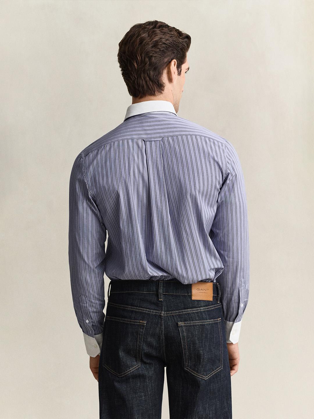 Gant Men Blue Striped Regular Fit Cotton Shirt