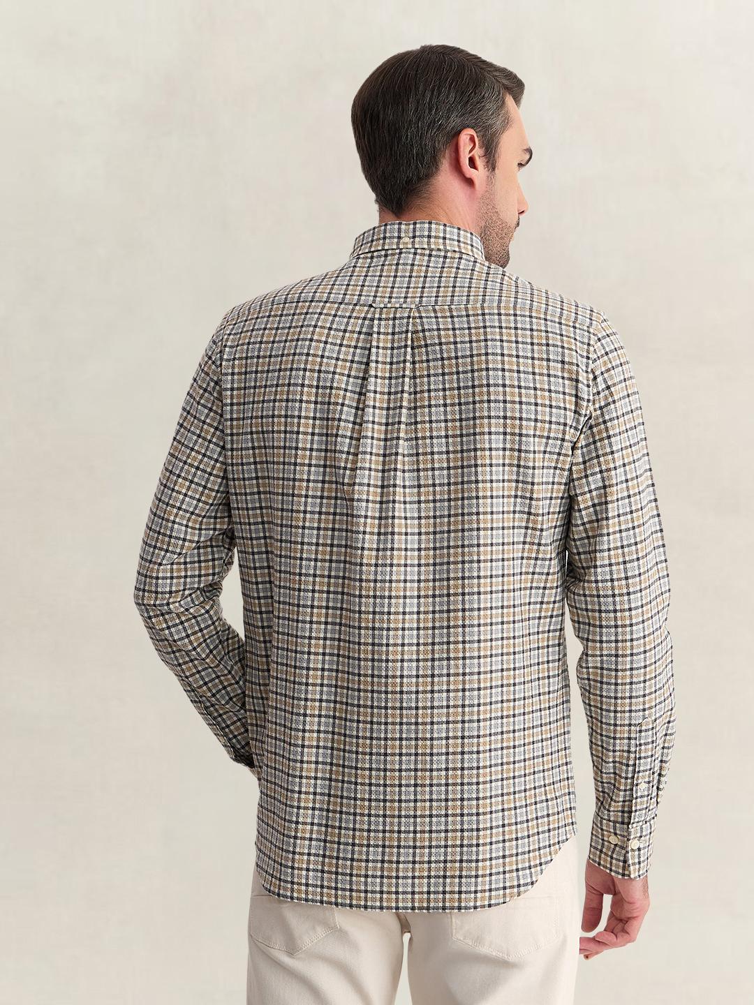 Gant Men Grey Regular Fit Seersucker Check Cotton Blend Shirt