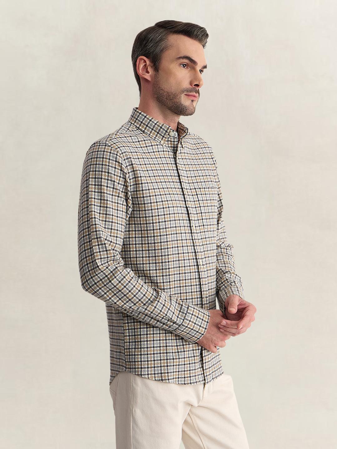 Gant Men Grey Regular Fit Seersucker Check Cotton Blend Shirt