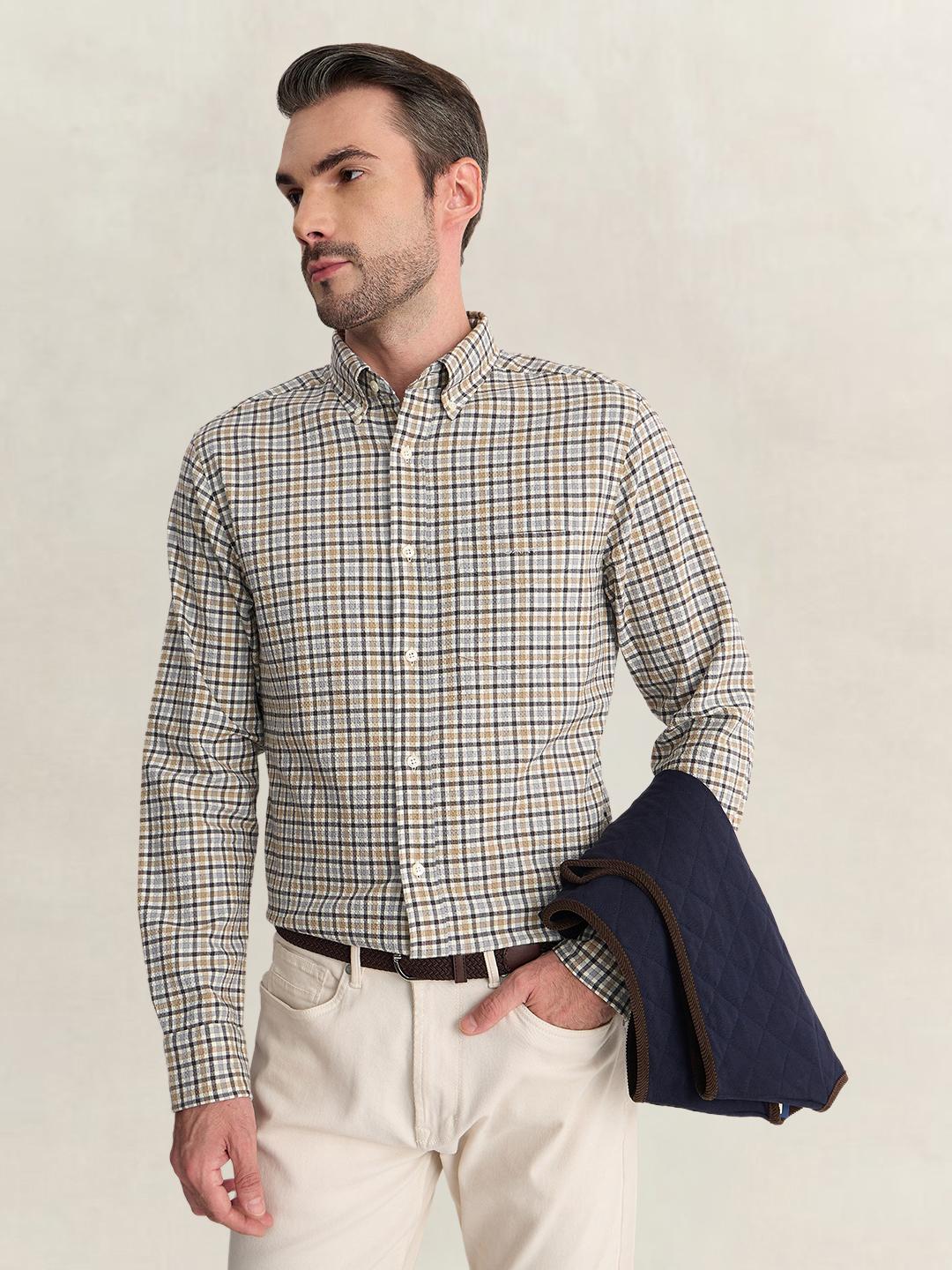 Gant Men Grey Regular Fit Seersucker Check Cotton Blend Shirt