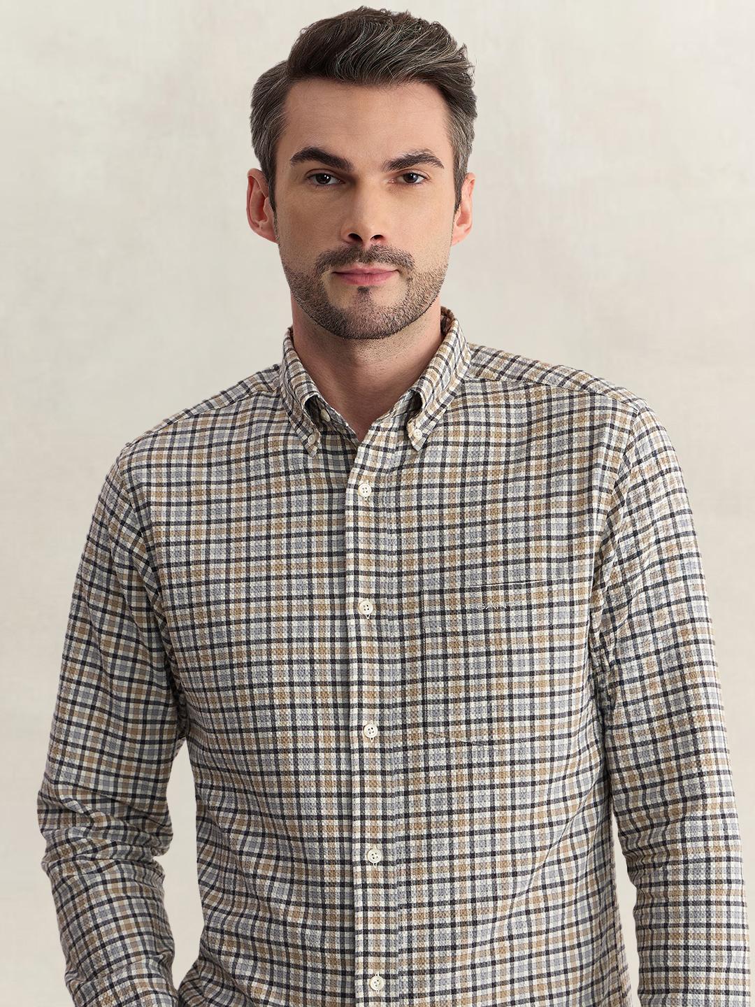 Gant Men Grey Regular Fit Seersucker Check Cotton Blend Shirt