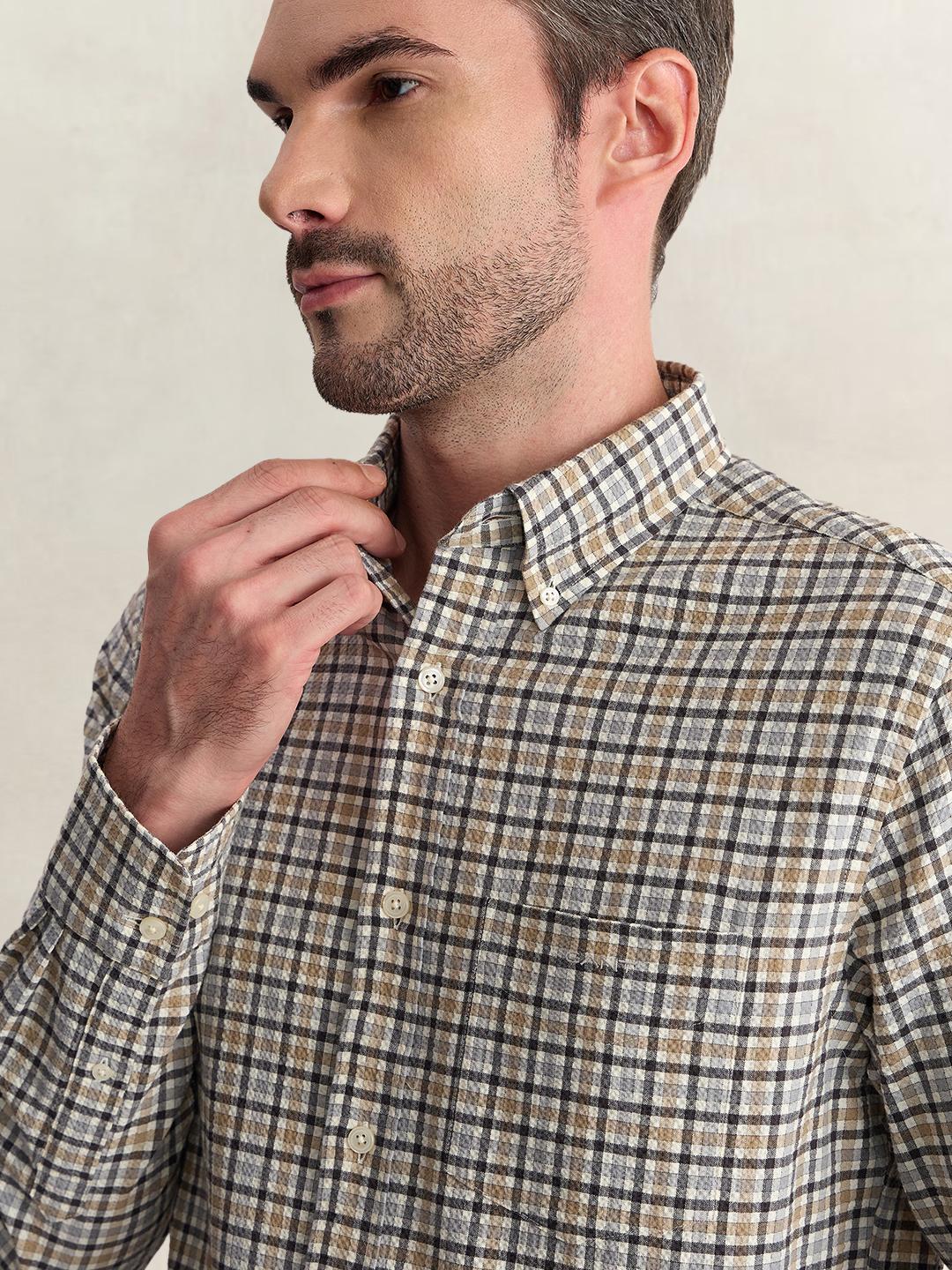 Gant Men Grey Regular Fit Seersucker Check Cotton Blend Shirt