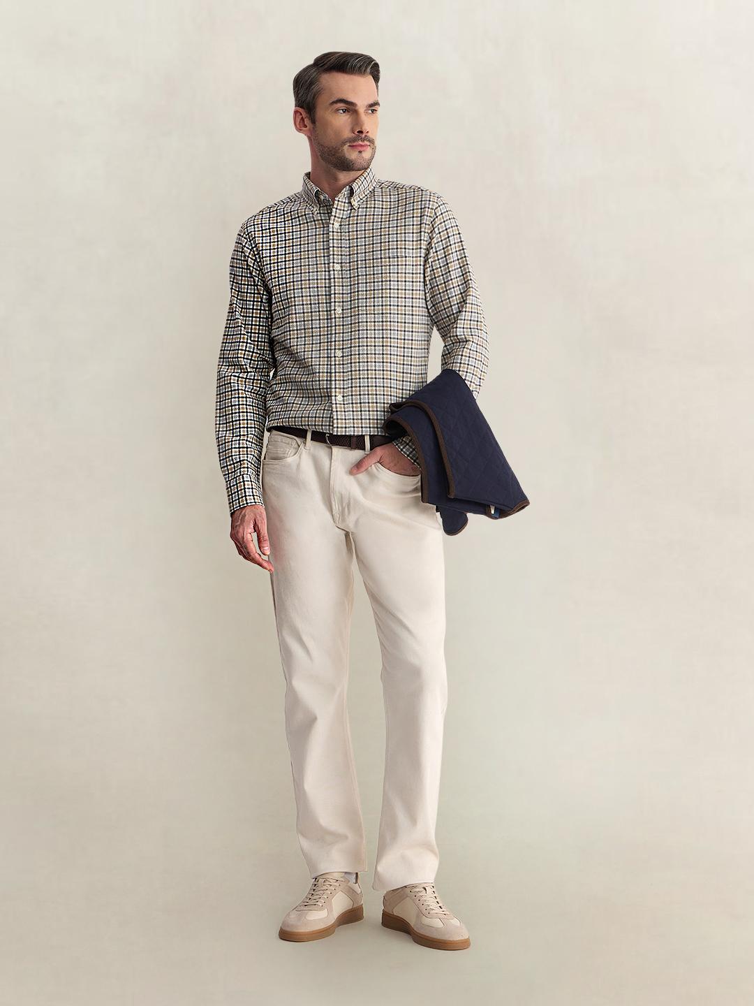 Gant Men Grey Regular Fit Seersucker Check Cotton Blend Shirt