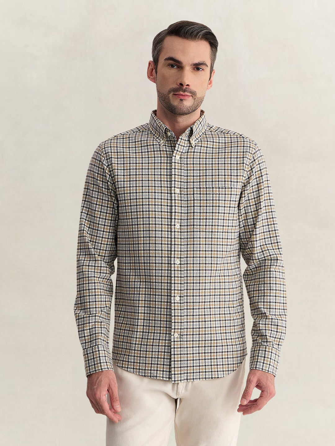 Gant Men Grey Regular Fit Seersucker Check Cotton Blend Shirt