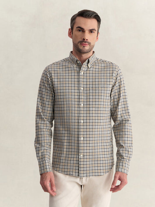 Gant Men Grey Regular Fit Seersucker Check Cotton Blend Shirt
