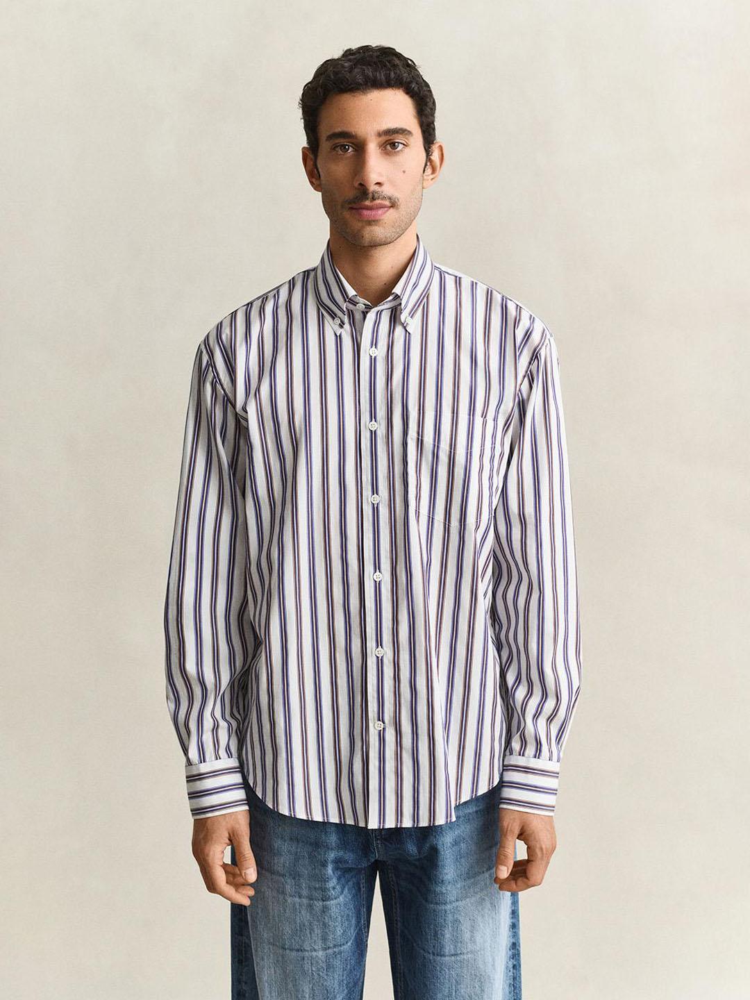 Gant Men White Striped Relaxed Fit Poplin Shirt