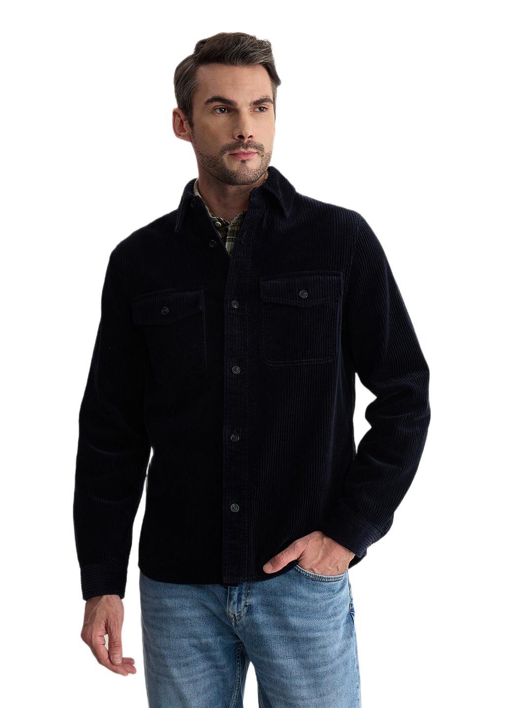 Gant Men Dark Blue Regular Fit Solid Corduroy Shirt