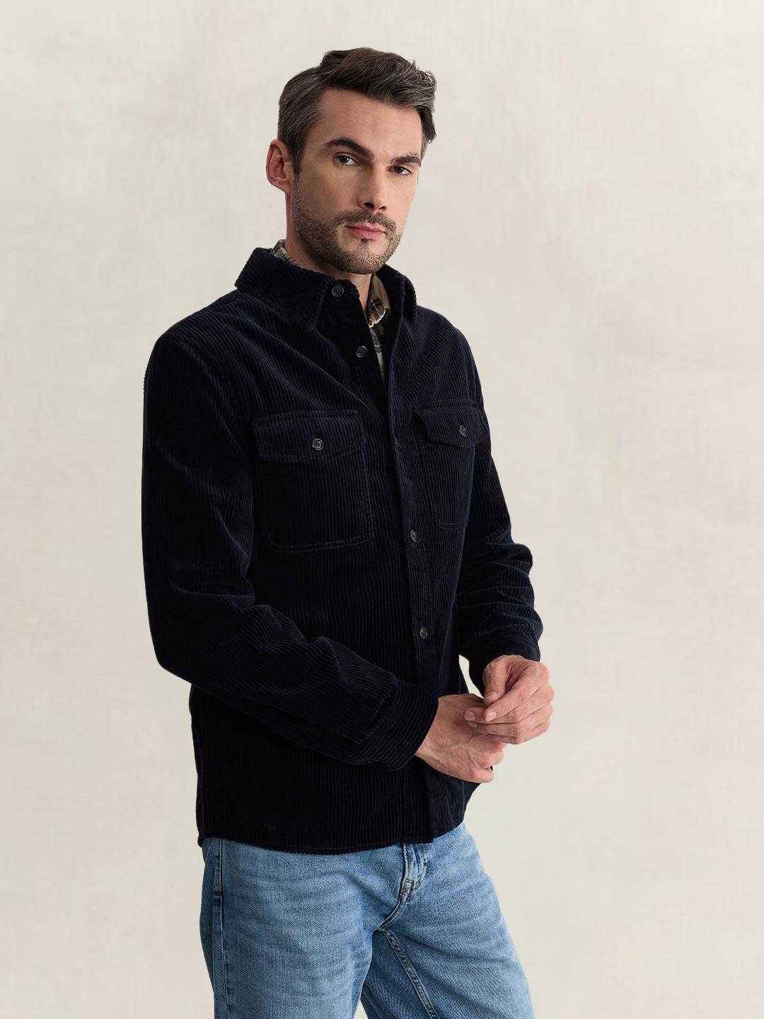 Gant Men Dark Blue Regular Fit Solid Corduroy Shirt