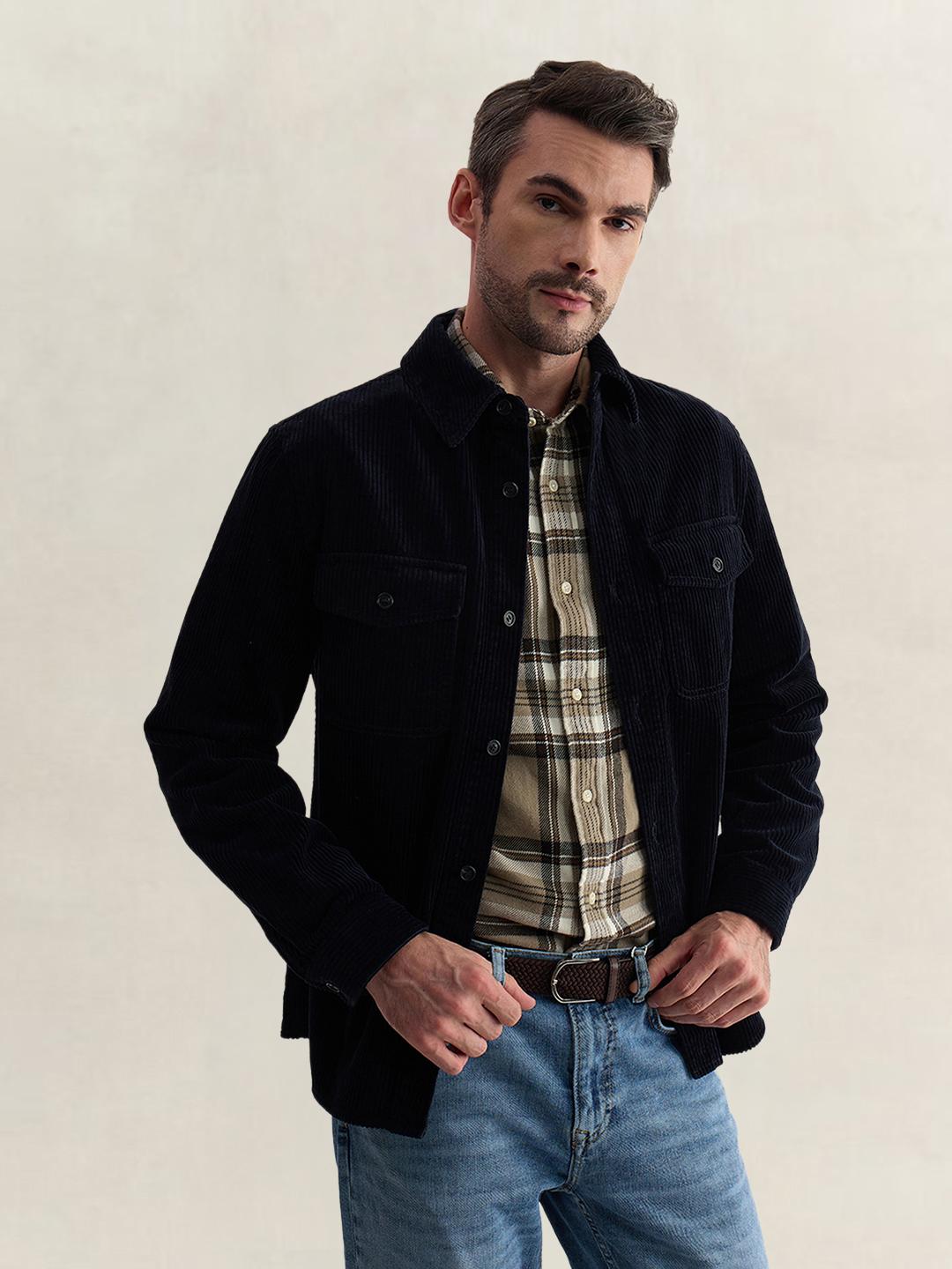 Gant Men Dark Blue Regular Fit Solid Corduroy Shirt