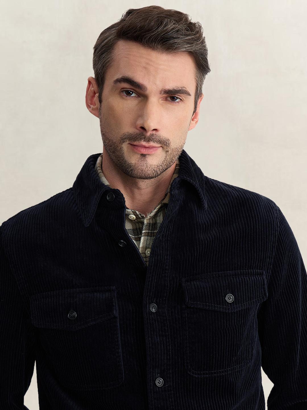 Gant Men Dark Blue Regular Fit Solid Corduroy Shirt