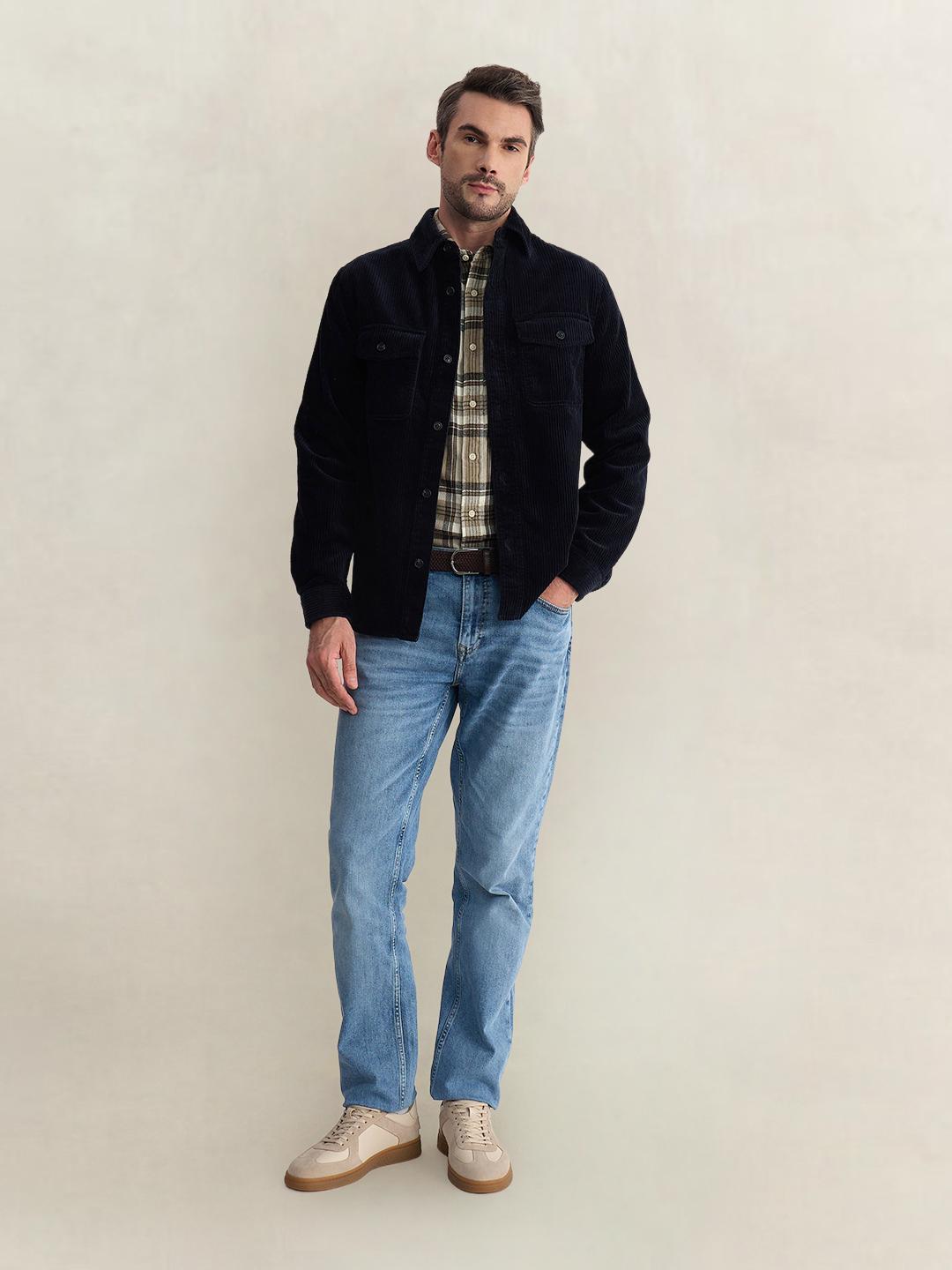 Gant Men Dark Blue Regular Fit Solid Corduroy Shirt