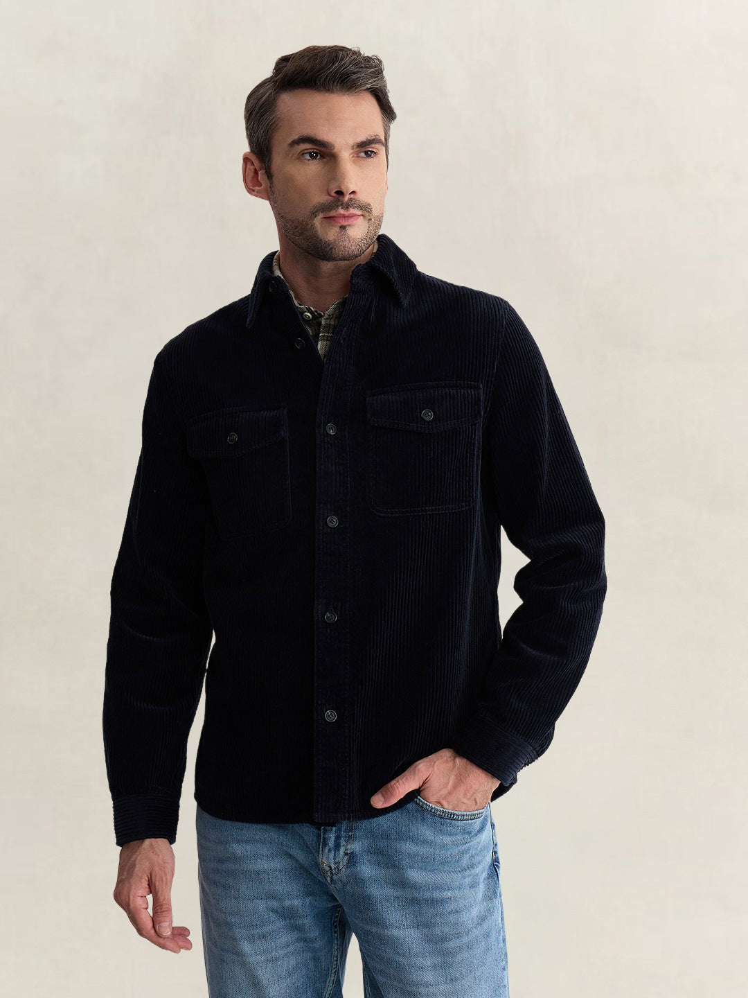 Gant Men Dark Blue Regular Fit Solid Corduroy Shirt