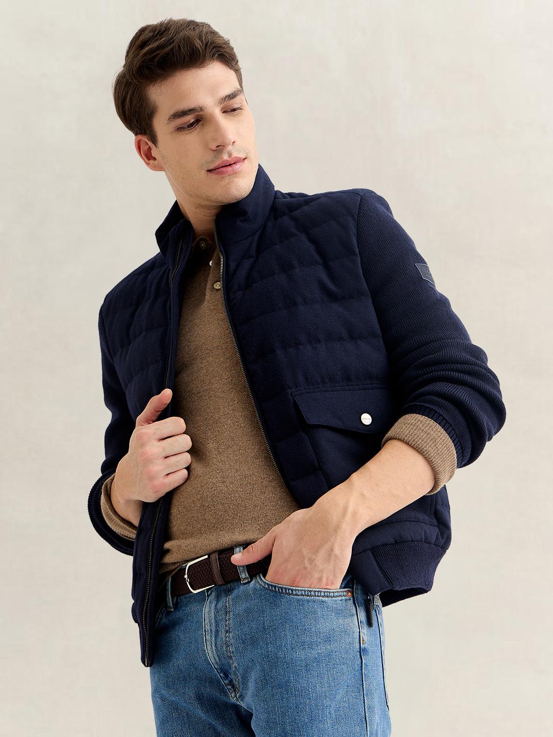 Gant Men Navy Blue Regular Fit Quilted Flannel Jacket