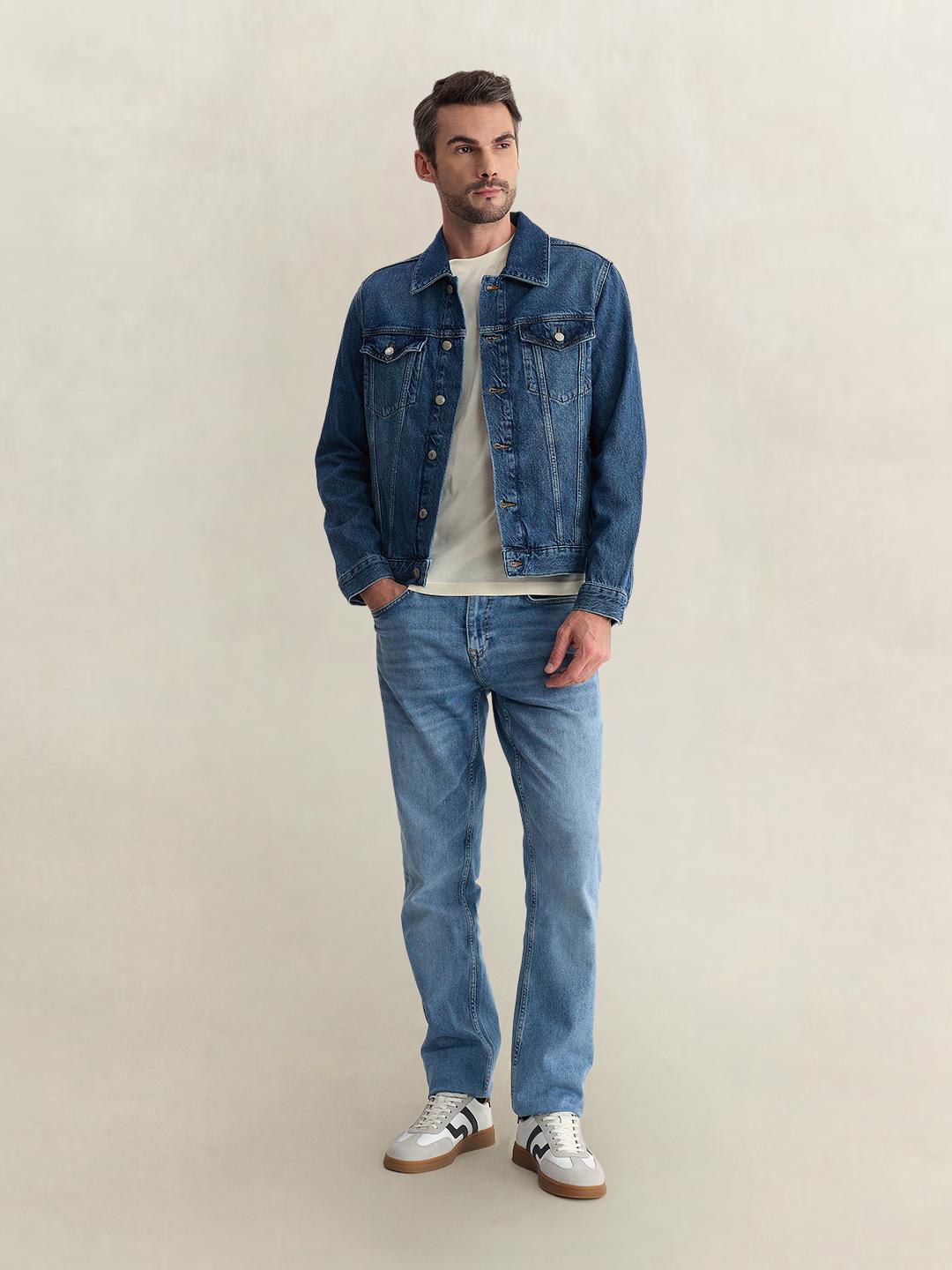 Gant Men Blue Regular Fit Solid Cotton Blend Jacket