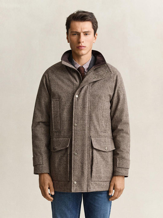 Gant Men Beige Checked Regular Fit Wool Blend Parka Jacket