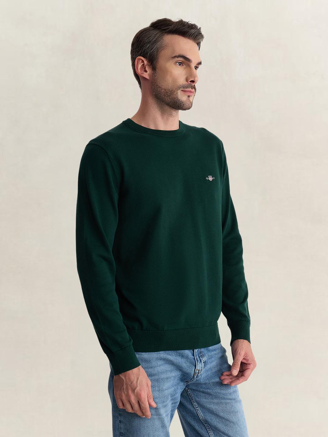 Gant Men Green Regular Fit Solid Pure Cotton Sweater