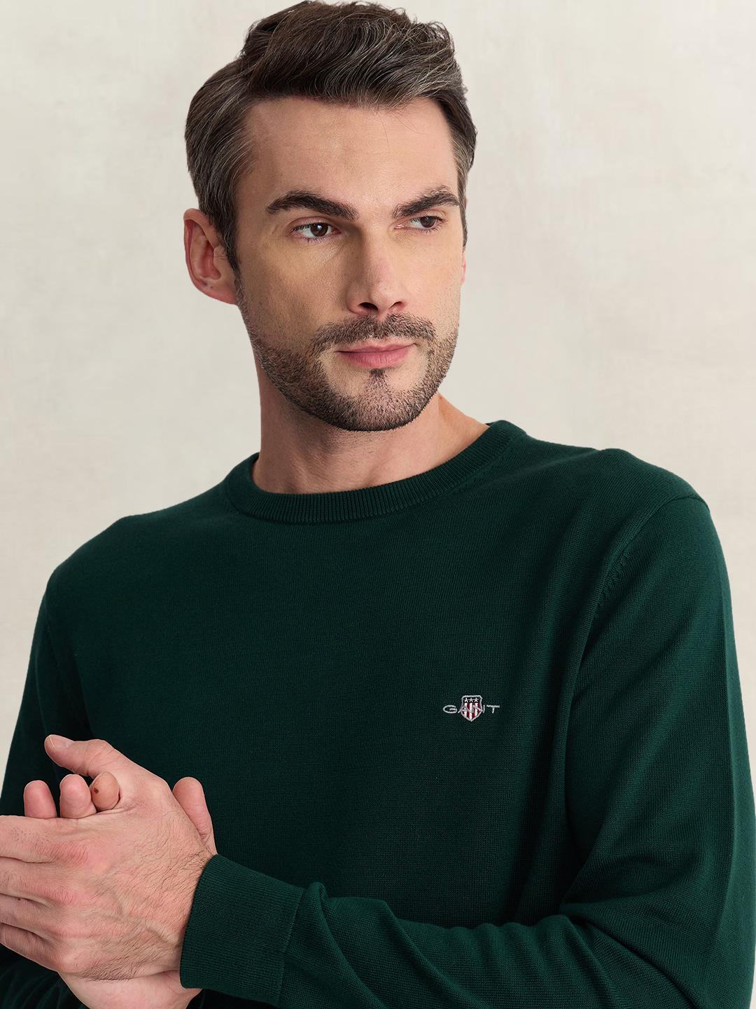 Gant Men Green Regular Fit Solid Pure Cotton Sweater