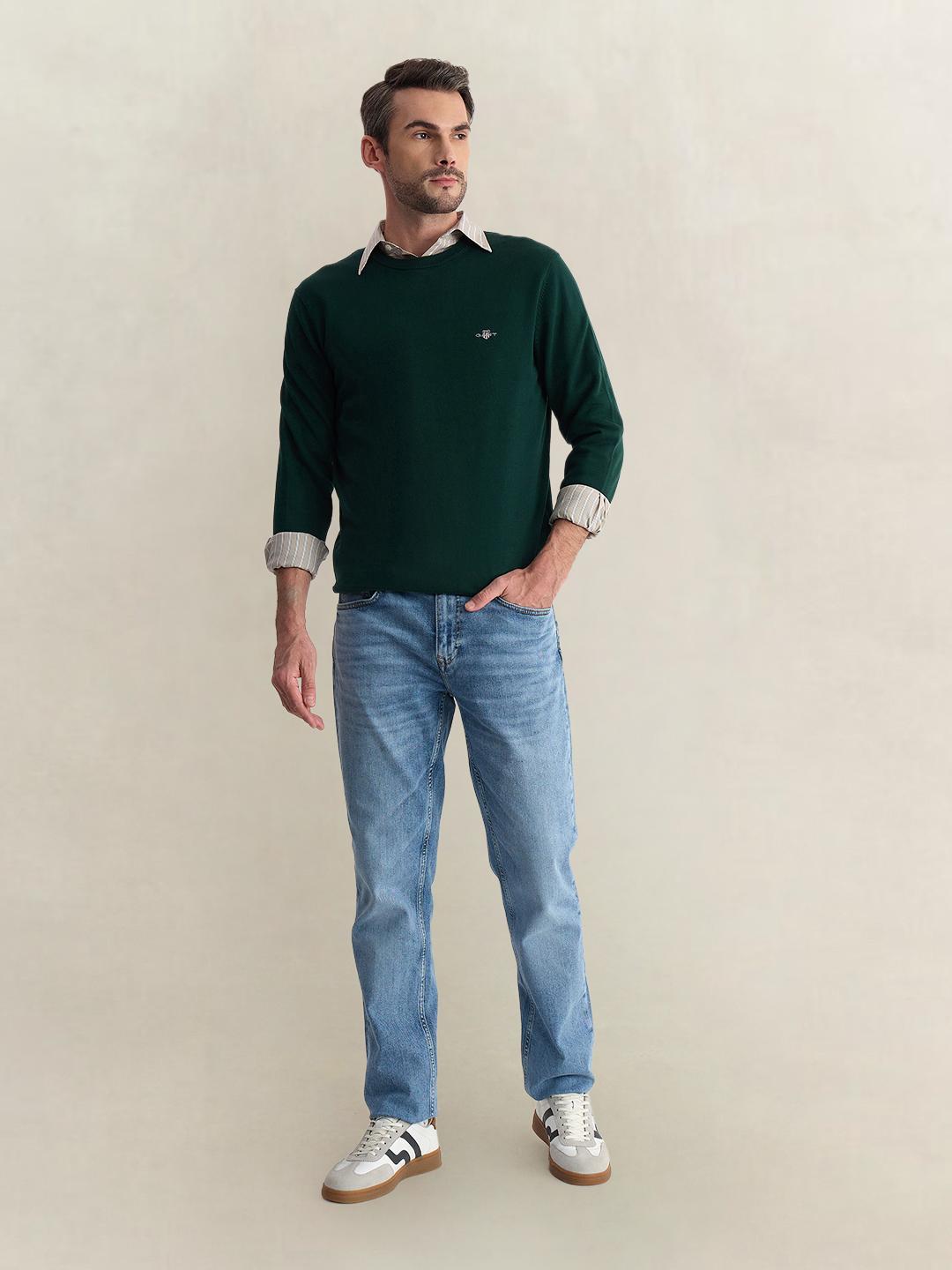 Gant Men Green Regular Fit Solid Pure Cotton Sweater