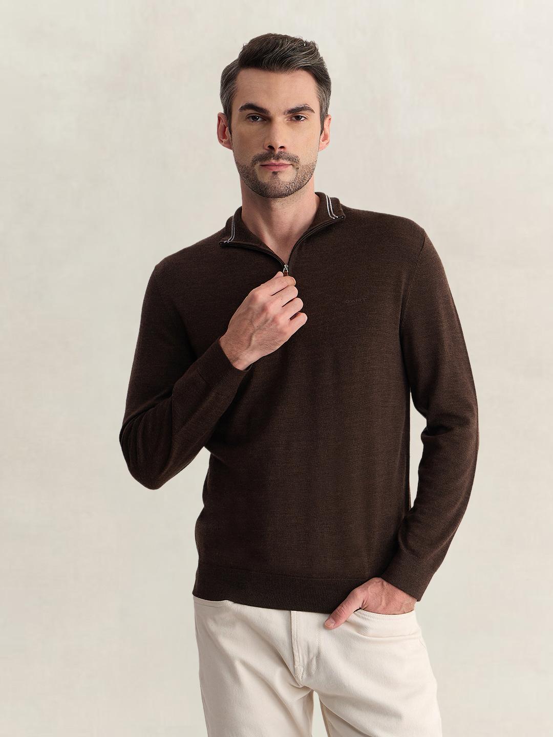 Gant Men Brown Regular Fit Solid Merinowool Sweater
