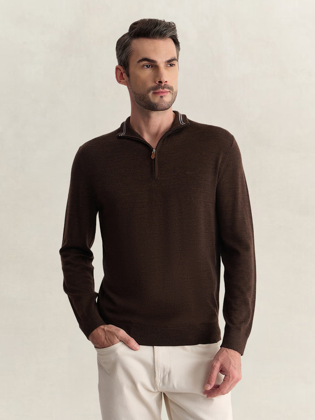 Gant Men Brown Regular Fit Solid Merinowool Sweater