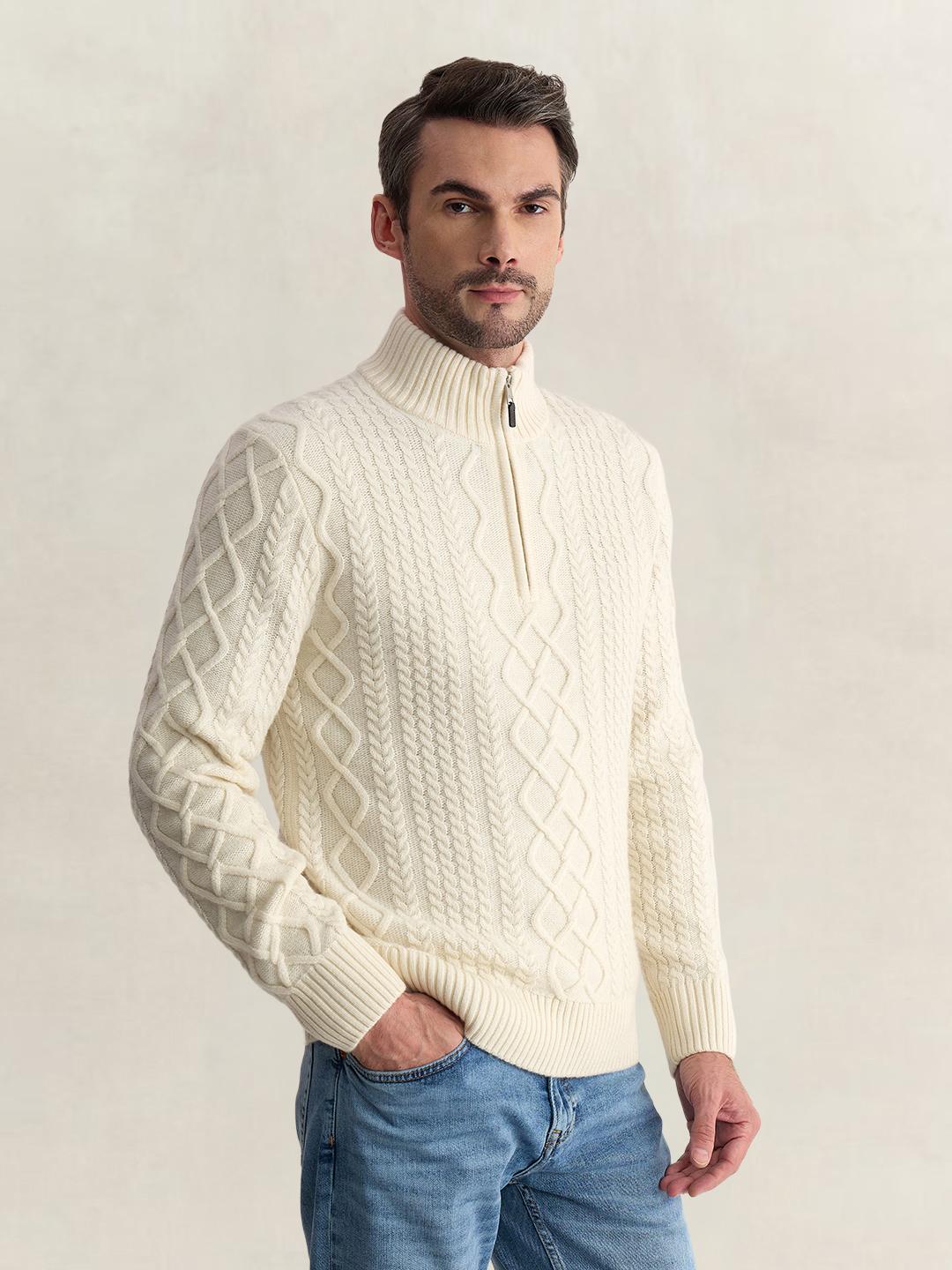 Gant Men Cream Regular Fit Woven Design Wool Blend Sweater
