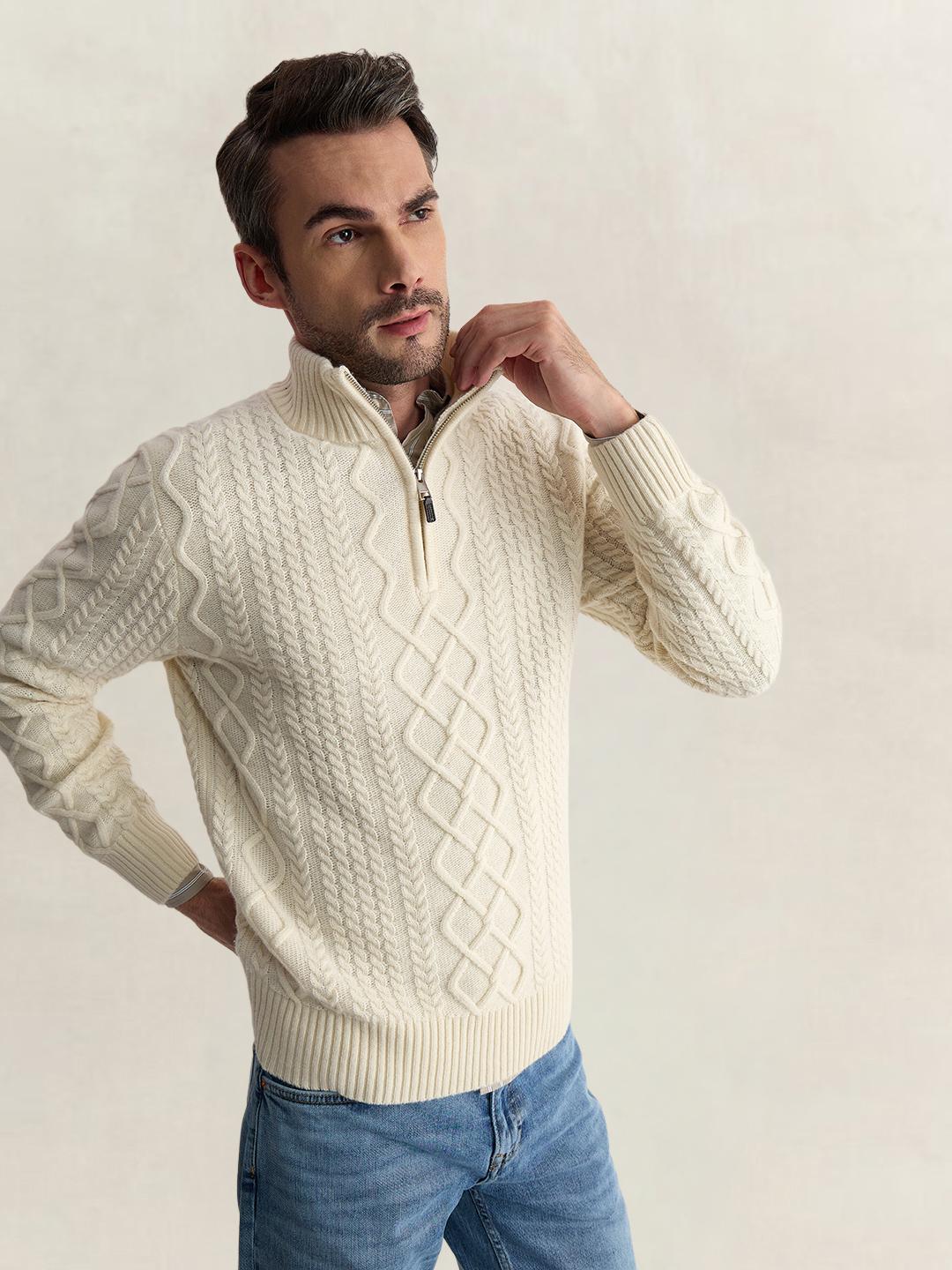 Gant Men Cream Regular Fit Woven Design Wool Blend Sweater