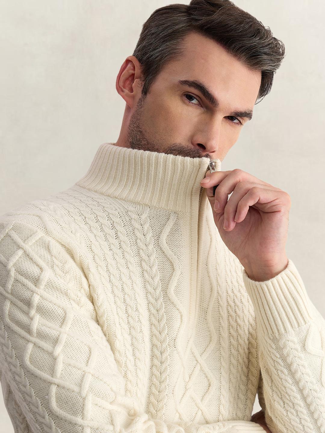 Gant Men Cream Regular Fit Woven Design Wool Blend Sweater