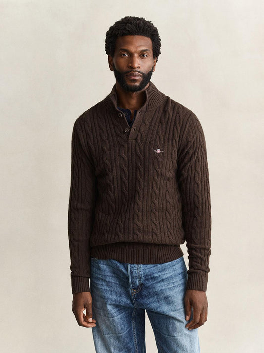 Gant Men Brown Cable Knit Regular Fit Lambswool Sweater
