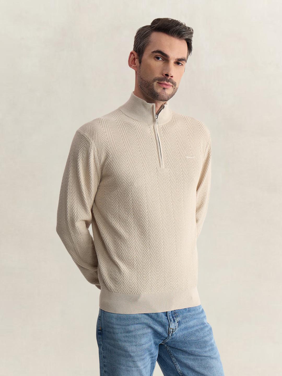 Gant Men Beige Regular Fit Woven Design Cotton Blend Sweater