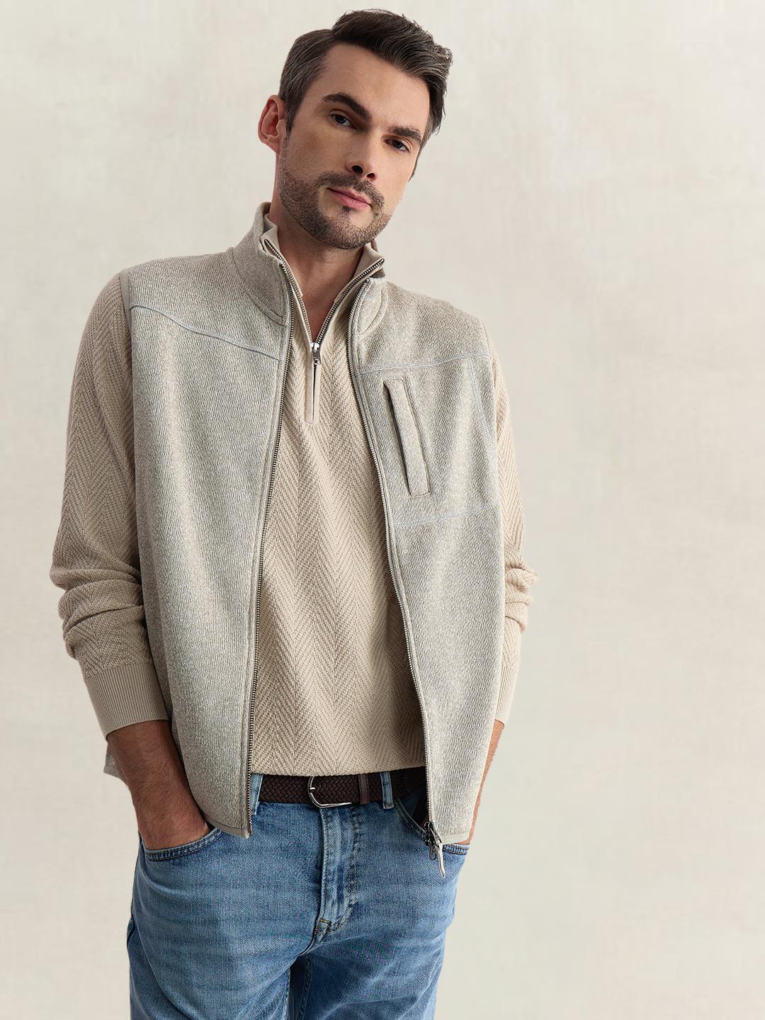 Gant Men Beige Regular Fit Woven Design Cotton Blend Sweater