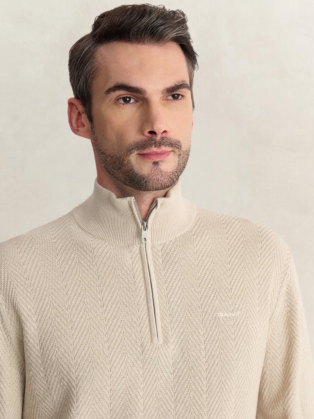 Gant Men Beige Regular Fit Woven Design Cotton Blend Sweater