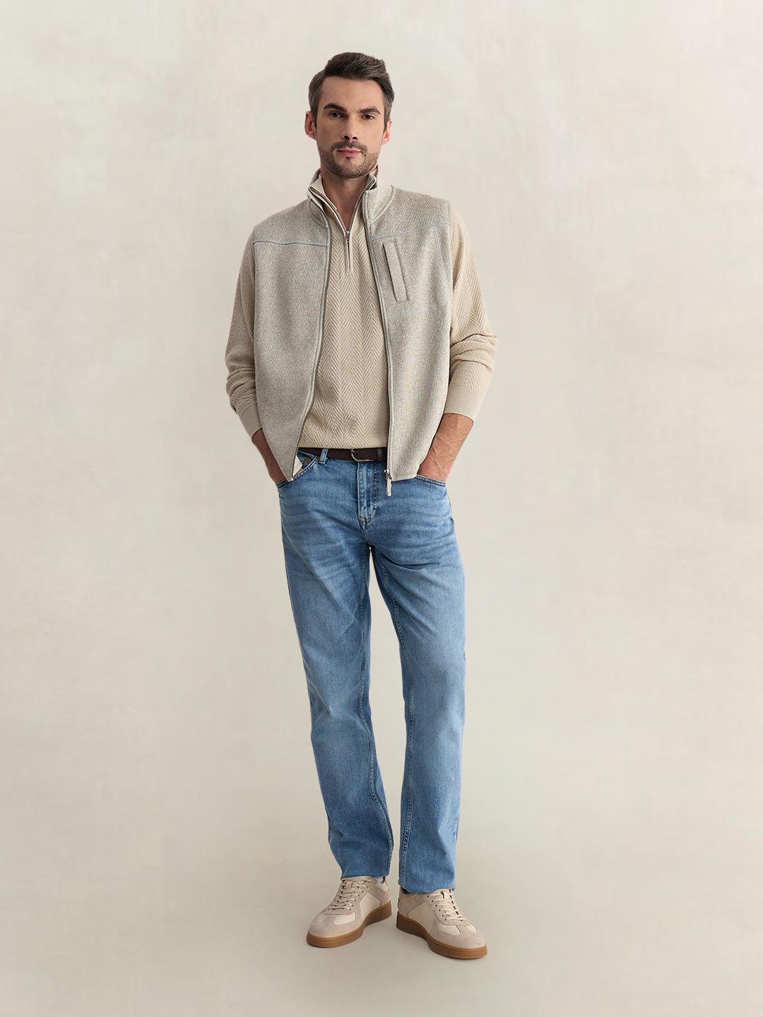 Gant Men Beige Regular Fit Woven Design Cotton Blend Sweater
