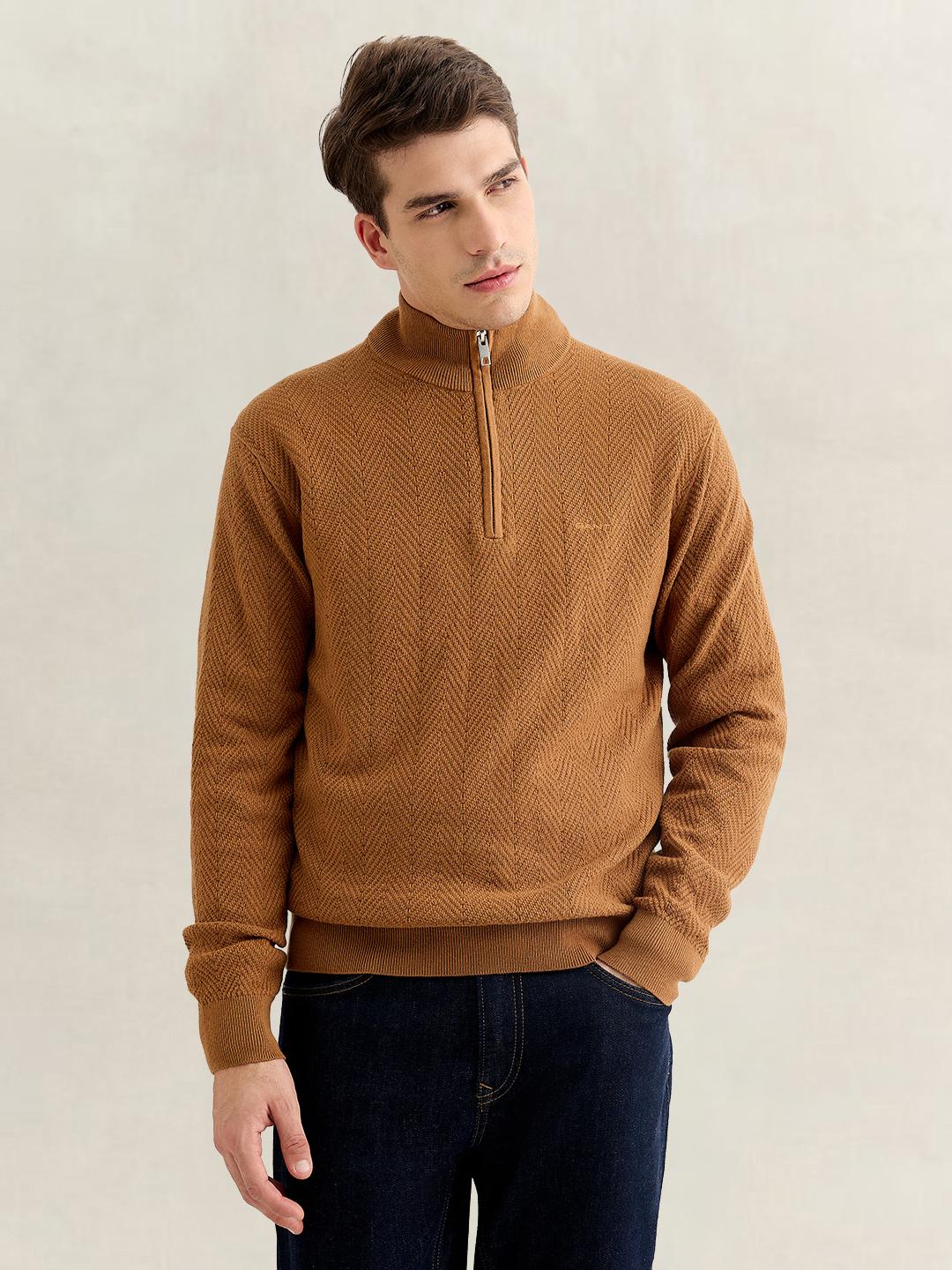 Gant Men Brown Regular Fit Herringbone Sweater