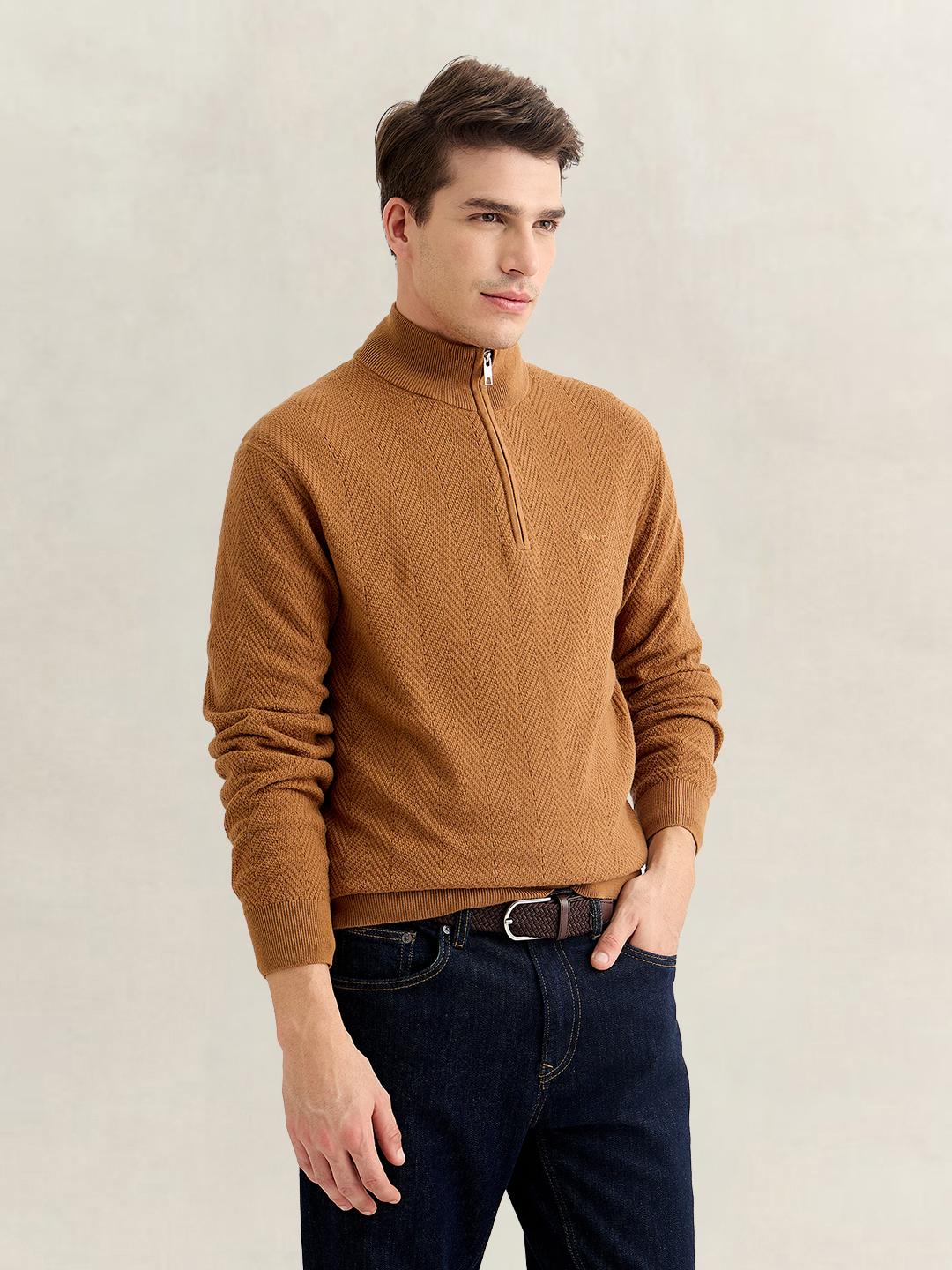 Gant Men Brown Regular Fit Herringbone Sweater