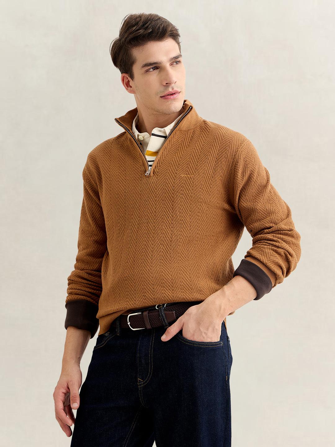 Gant Men Brown Regular Fit Herringbone Sweater