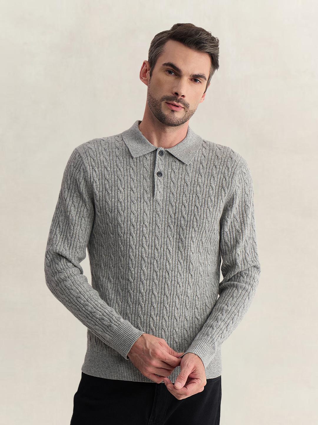 Gant Men Grey Regular Fit Woven Design Cashmere Blend Polo Tshirt
