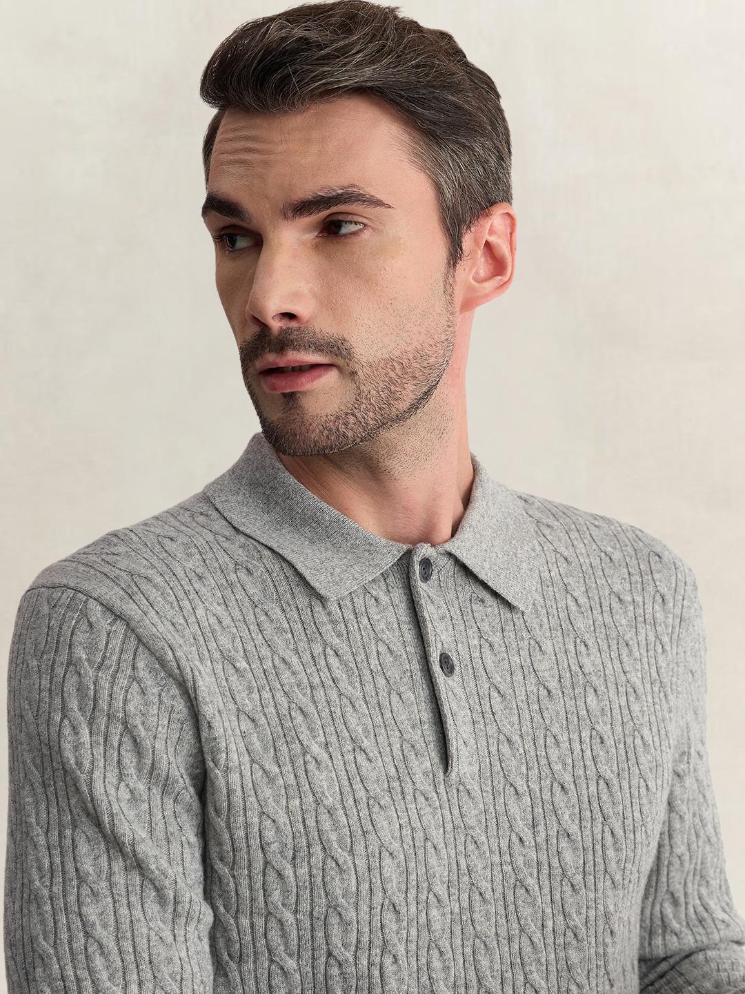 Gant Men Grey Regular Fit Woven Design Cashmere Blend Polo Tshirt