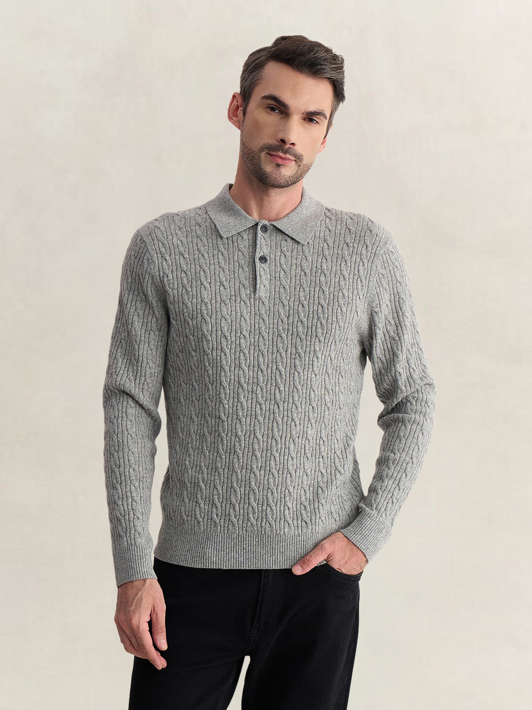 Gant Men Grey Regular Fit Woven Design Cashmere Blend Polo Tshirt