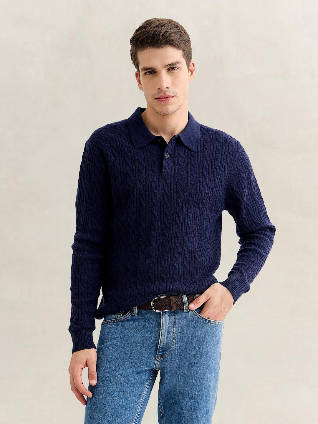 Gant Men Navy Blue Regular Fit Cashmere Sweater
