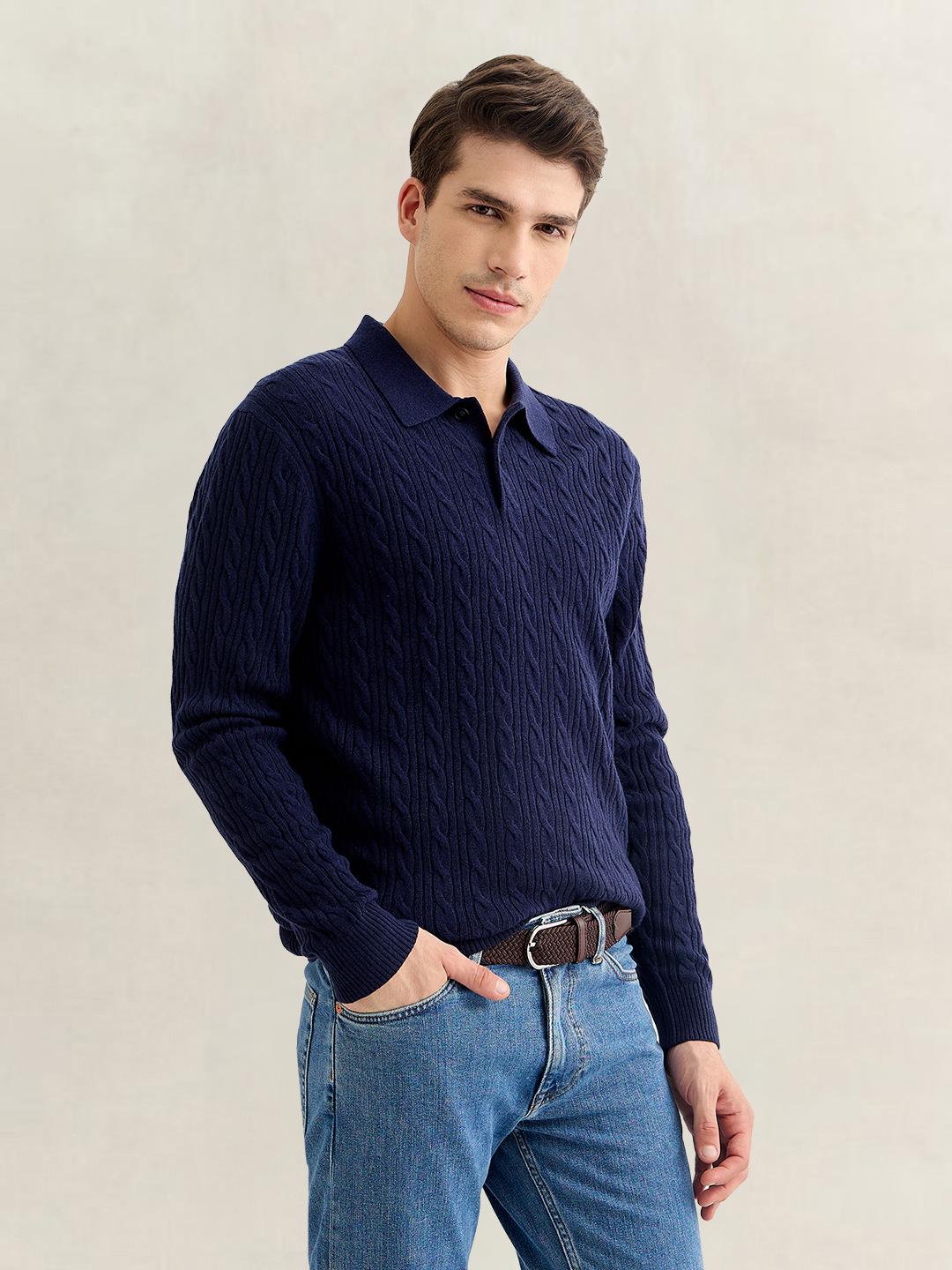 Gant Men Navy Blue Regular Fit Cashmere Sweater