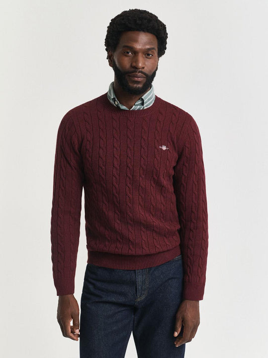 Gant Men Wine Cable Knit Regular Fit Cotton Sweater
