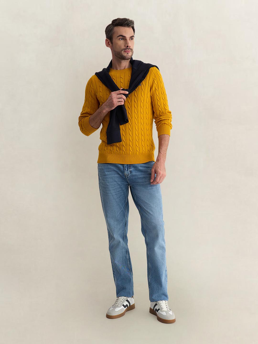 Gant Men Yellow Regular Fit Woven Design Organic Cotton Sweater