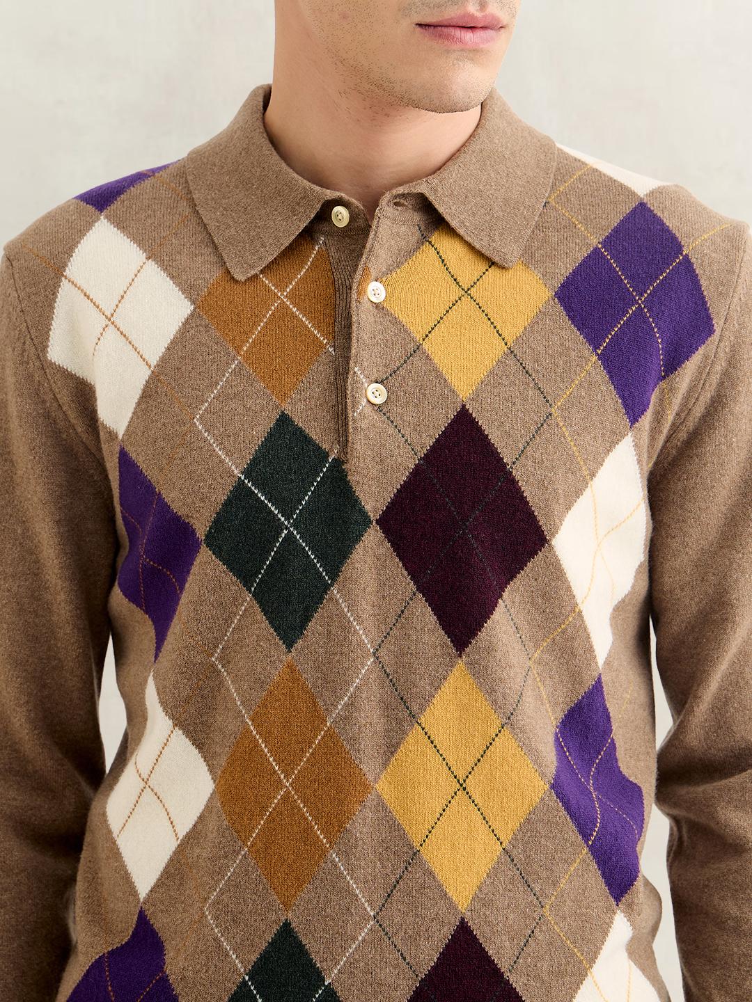 Gant Men Brown Regular Fit Argyle Lambswool Sweater