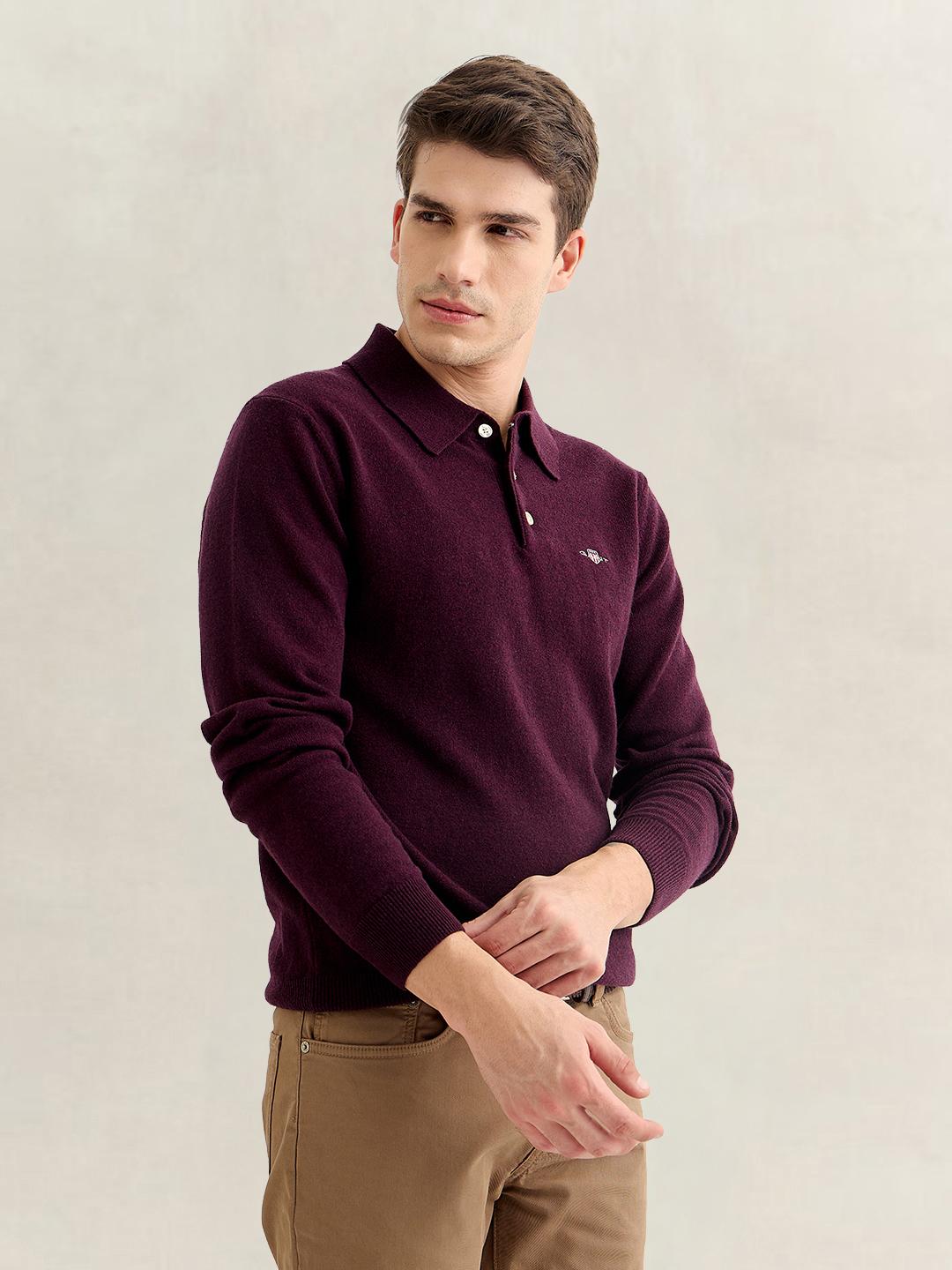 Gant Men Wine Regular Fit Solid Lambswool Sweater